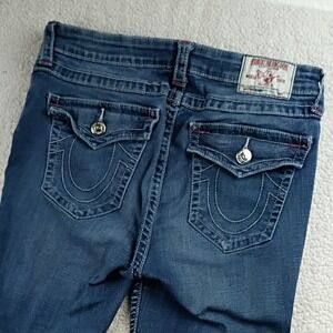True Religion Jeans Womens 32 Blue Distressed Skinny Raw Hem Flap Pocket